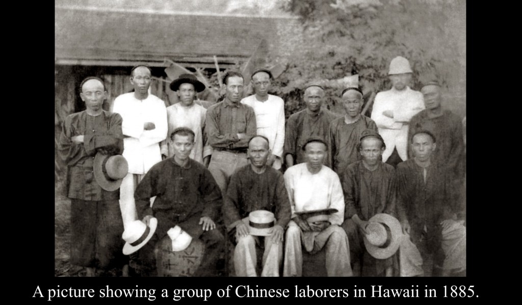 A picture showing a group of Chinese laborers in Hawaii in 1885.