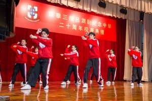 為慶祝該校二十周年校慶，學生們於典禮上作武術表演。