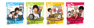 東華三院主席李鋈麟博士太平紳士（左）與本地插畫師Hello Wong先生合照。Hello Wong為今年的東華三院賣旗日設計精美郵票型紙旗及限量紀念禮品。