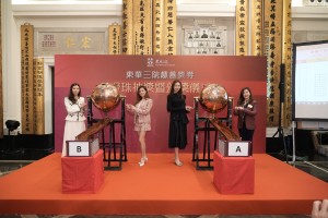 圖二為東華三院鄧明慧副主席（右一）、麥鄧蕙敏總理（左一）、香港小姐冠軍林鈺洧小姐（右二）及香港小姐亞軍及國際親善小姐許子萱小姐（左二）主持獎券攪珠抽獎。